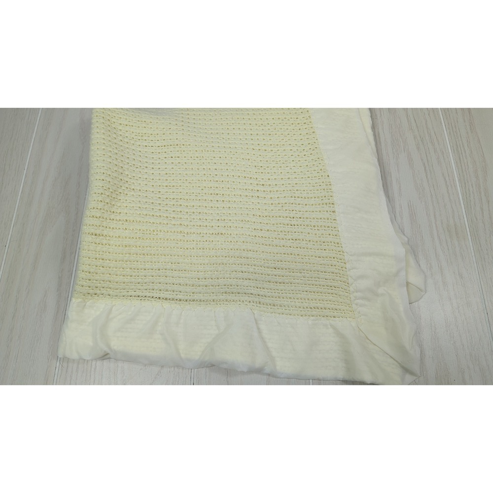Vintage Baby Blanket Yellow Waffle Knit Nylon Trim open weave woven